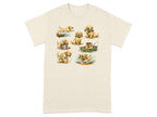 Watercolor illustrations of six yellow labrador puppies enjoying various fishing activities.