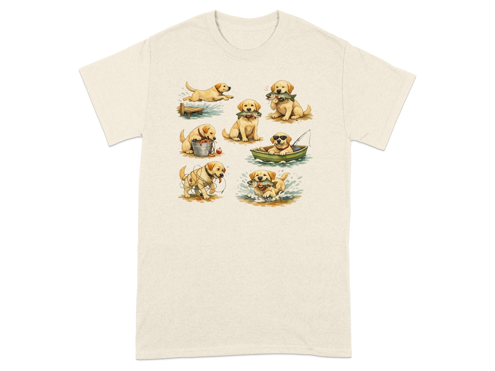 Watercolor illustrations of six yellow labrador puppies enjoying various fishing activities.