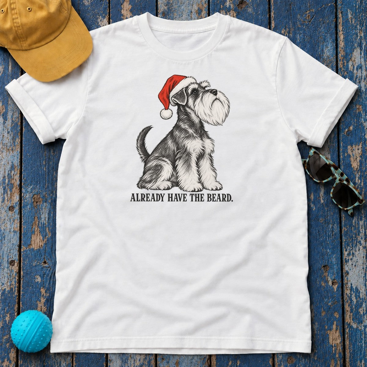 Already Have the Beard Schnauzer Santa T-Shirt in White - flat lay