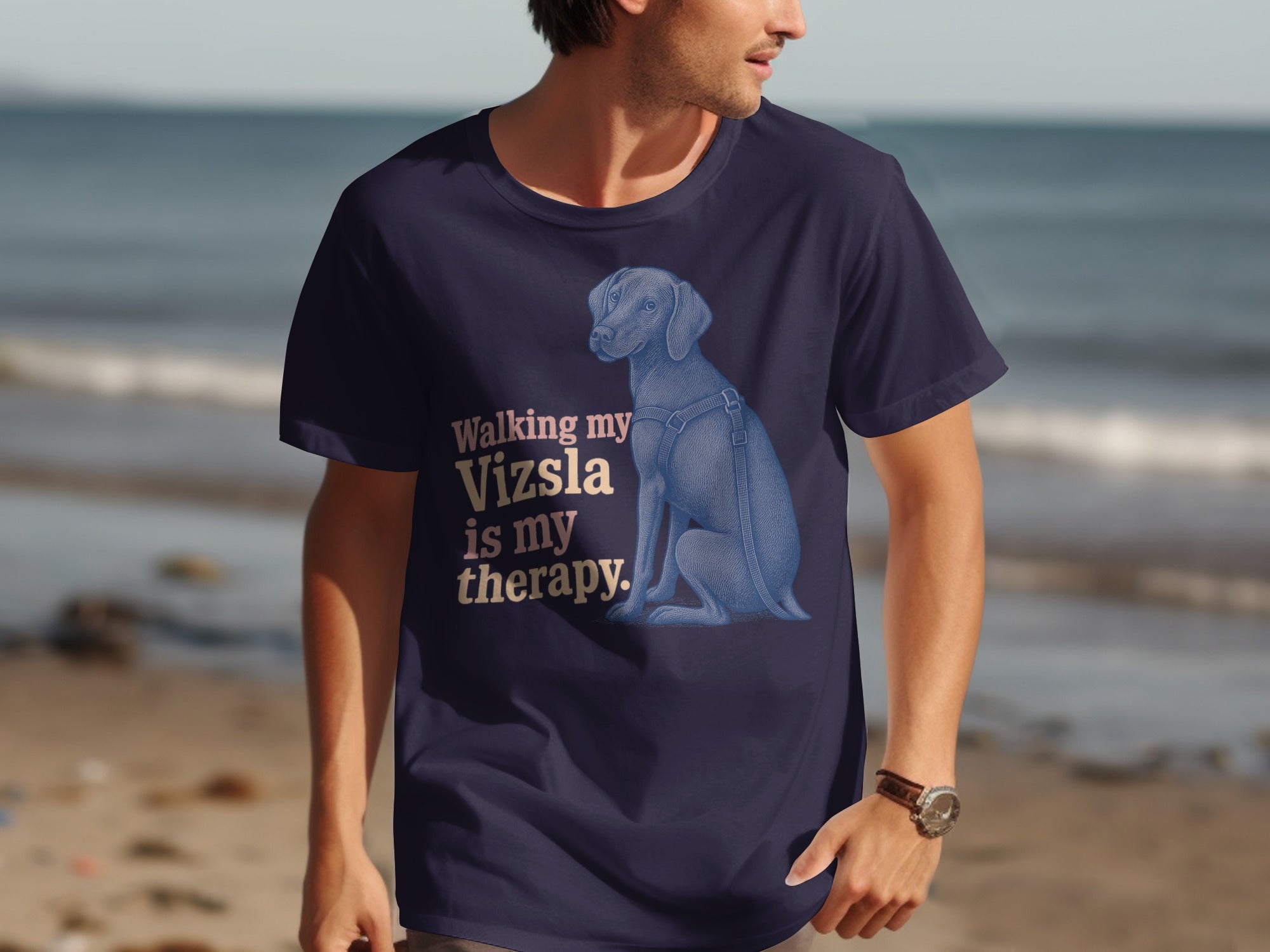 Navy t-shirt with Vizsla dog graphic and text "Walking my Vizsla is my therapy."