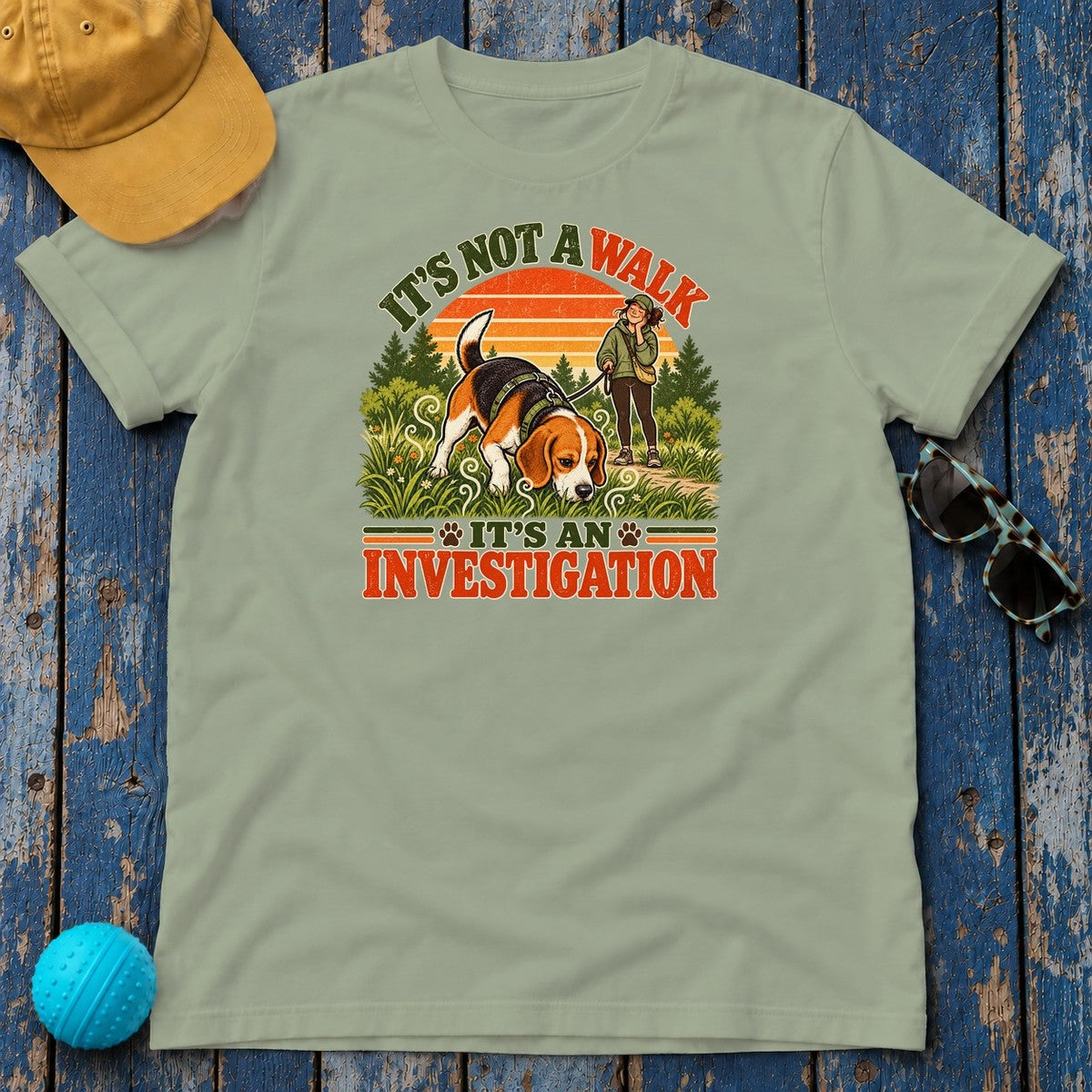 It's Not a Walk It's an Investigation Beagle T-Shirt in Sage - flat lay