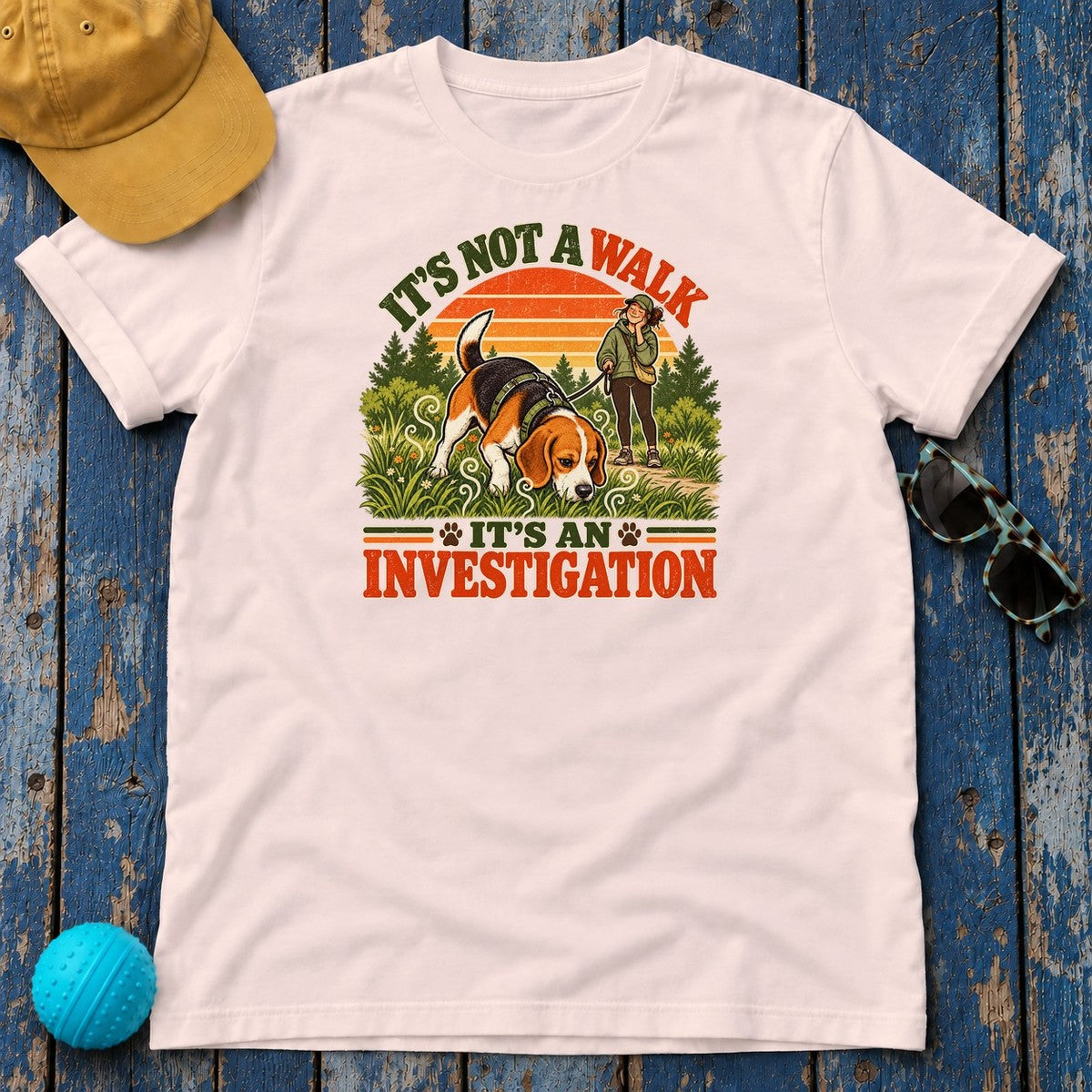 It's Not a Walk It's an Investigation Beagle T-Shirt in Soft Pink - flat lay
