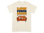 Beagle dog sleeping on orange couch, text "LOW POWER MODE DO NOT DISTURB".