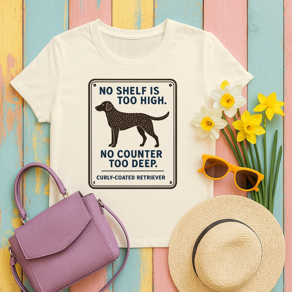 Curly-Coated Retriever No Shelf Is Too High Tee in Natural
