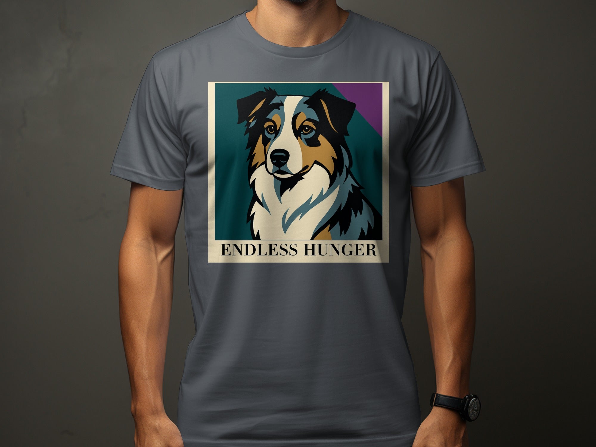 T-shirt with graphic art of an Australian Shepherd dog, text "ENDLESS HUNGER".