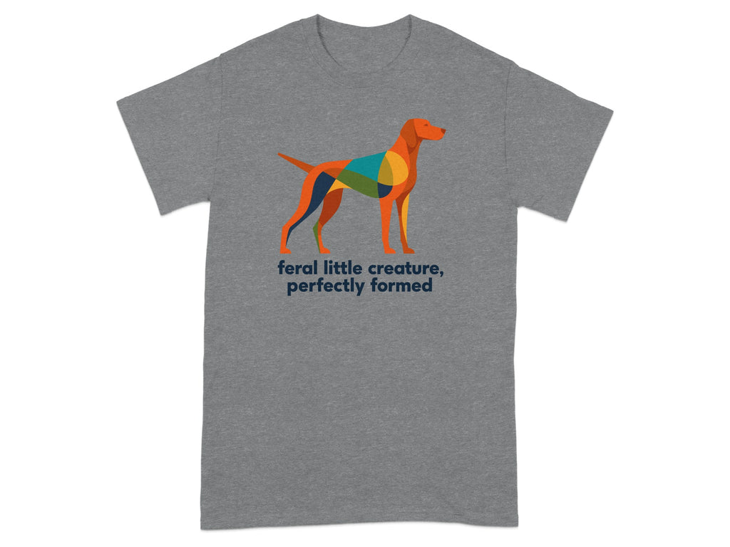 Grey t-shirt with a colorful, abstract dog illustration and text.