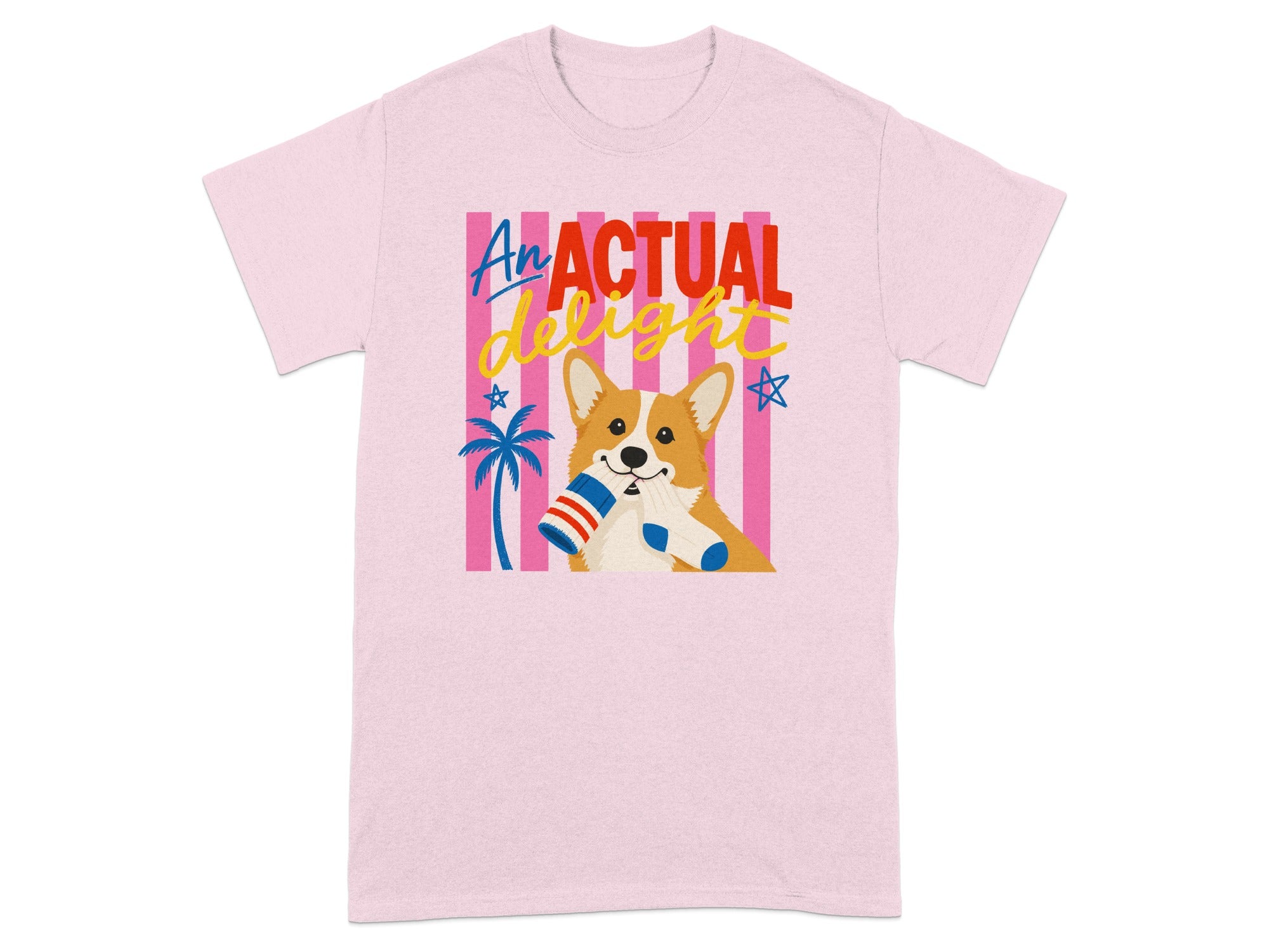 Pink t-shirt with corgi holding a striped sock and text "An ACTUAL delight".