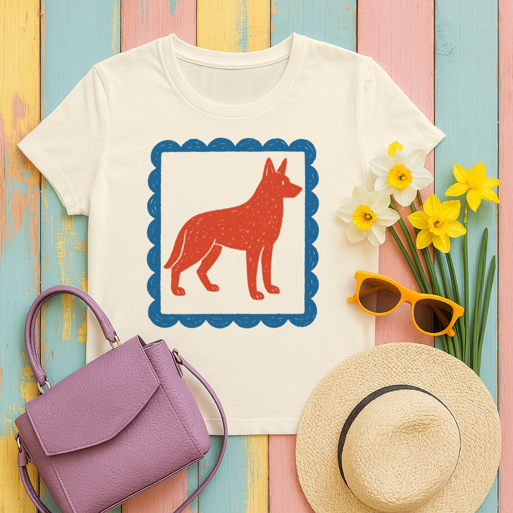 German Shepherd Stamp With Blue Border Decorative Design T-Shirt in Natural