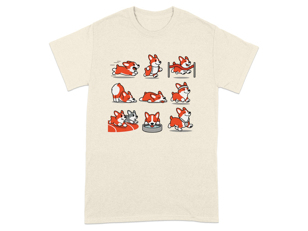 Nine cartoon corgis in various poses including running, jumping, and resting.