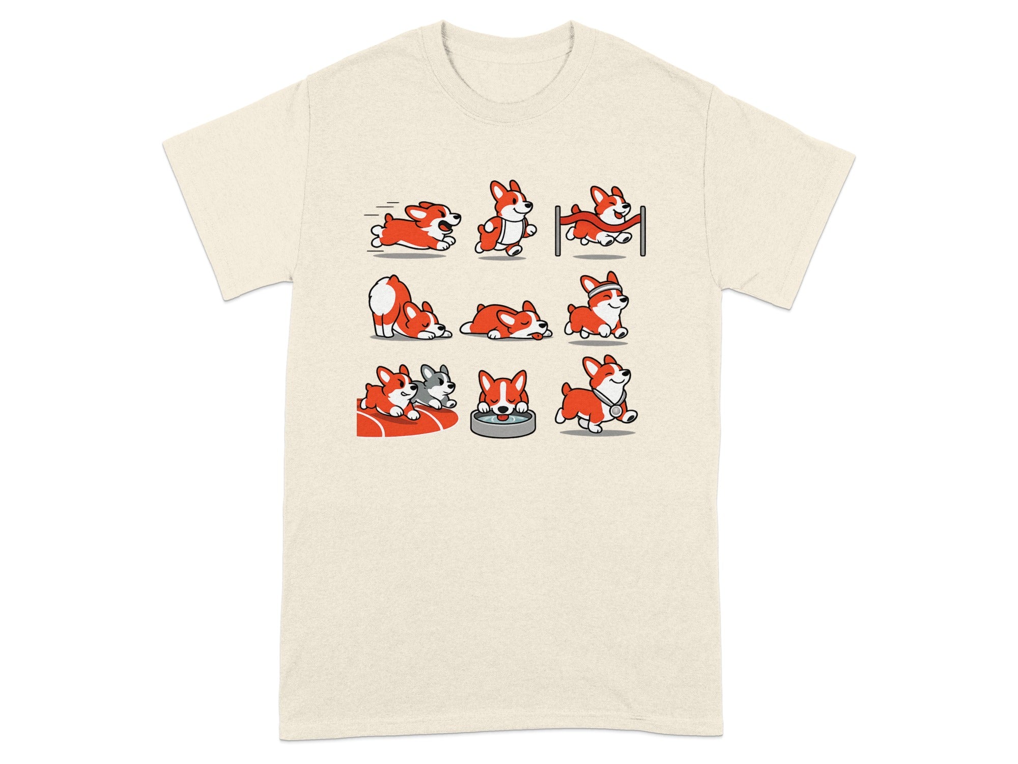 Nine cartoon corgis in various poses including running, jumping, and resting.