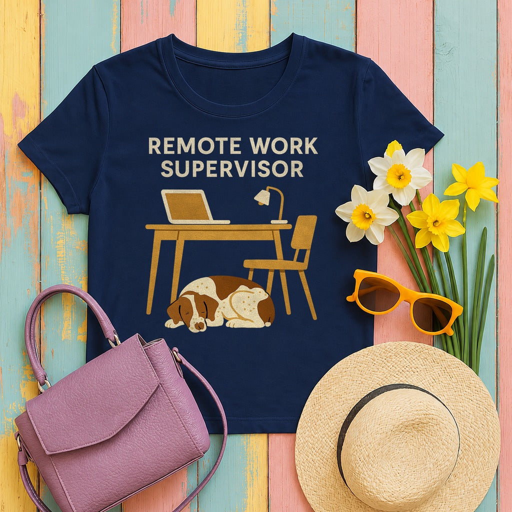 Brittany Spaniel Remote Work Supervisor T-shirt in Navy