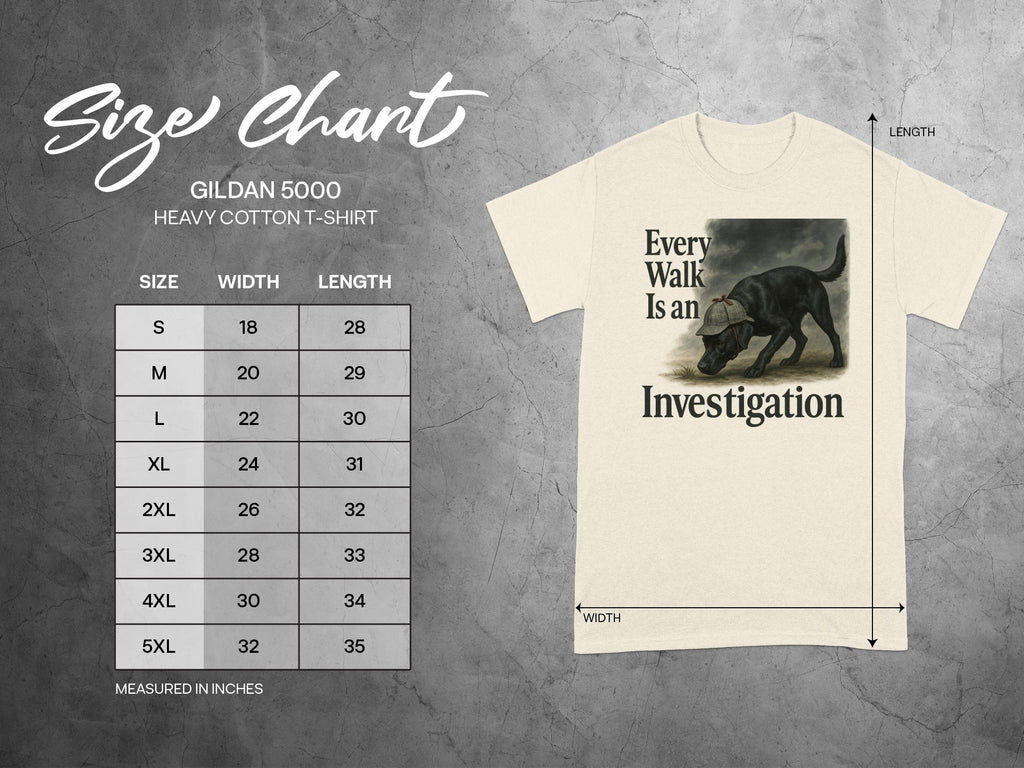 Gildan 5000 size chart for a cream t-shirt with a dog graphic.