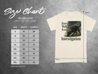 Gildan 5000 size chart for a cream t-shirt with a dog graphic.