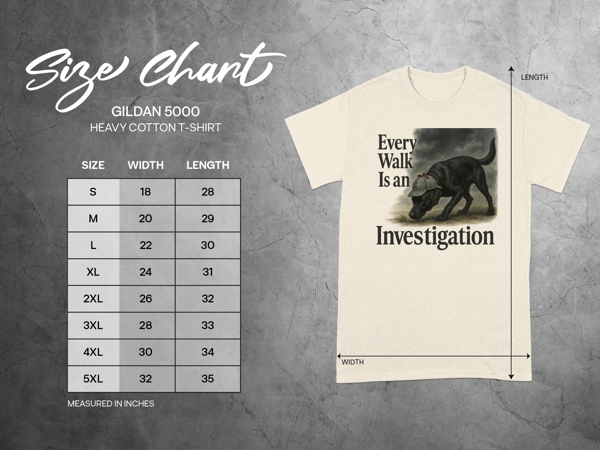 Gildan 5000 size chart for a cream t-shirt with a dog graphic.