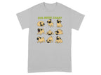Grey t-shirt with "Pug Mood Chart" text and nine illustrations of pugs in various poses.