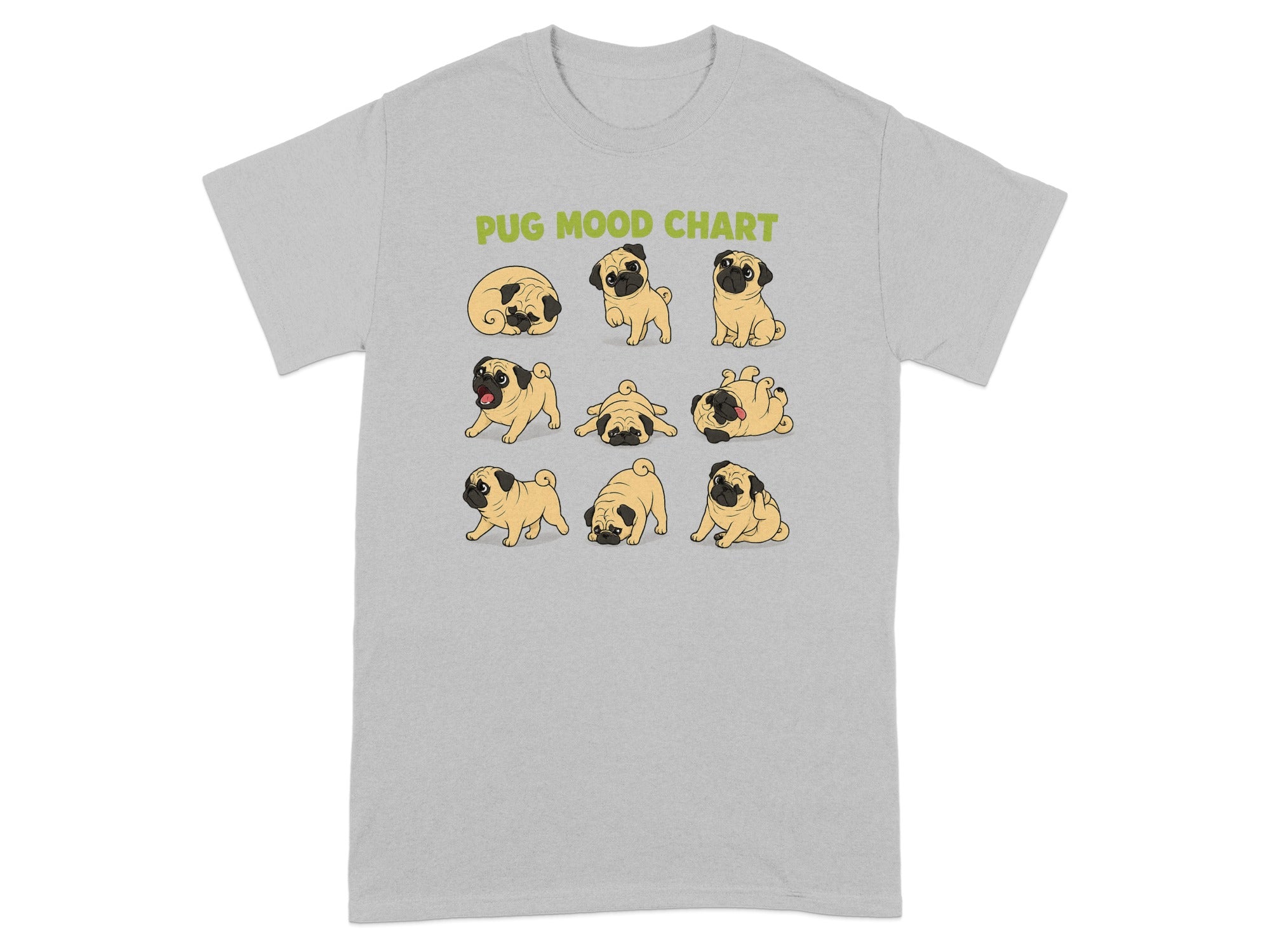 Grey t-shirt with "Pug Mood Chart" text and nine illustrations of pugs in various poses.