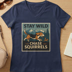 Navy t-shirt with "Stay Wild Chase Squirrels" graphic featuring a dog and squirrel.