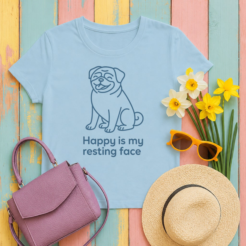 Happy Is My Resting Face - Funny Pug T-shirt in Light Blue