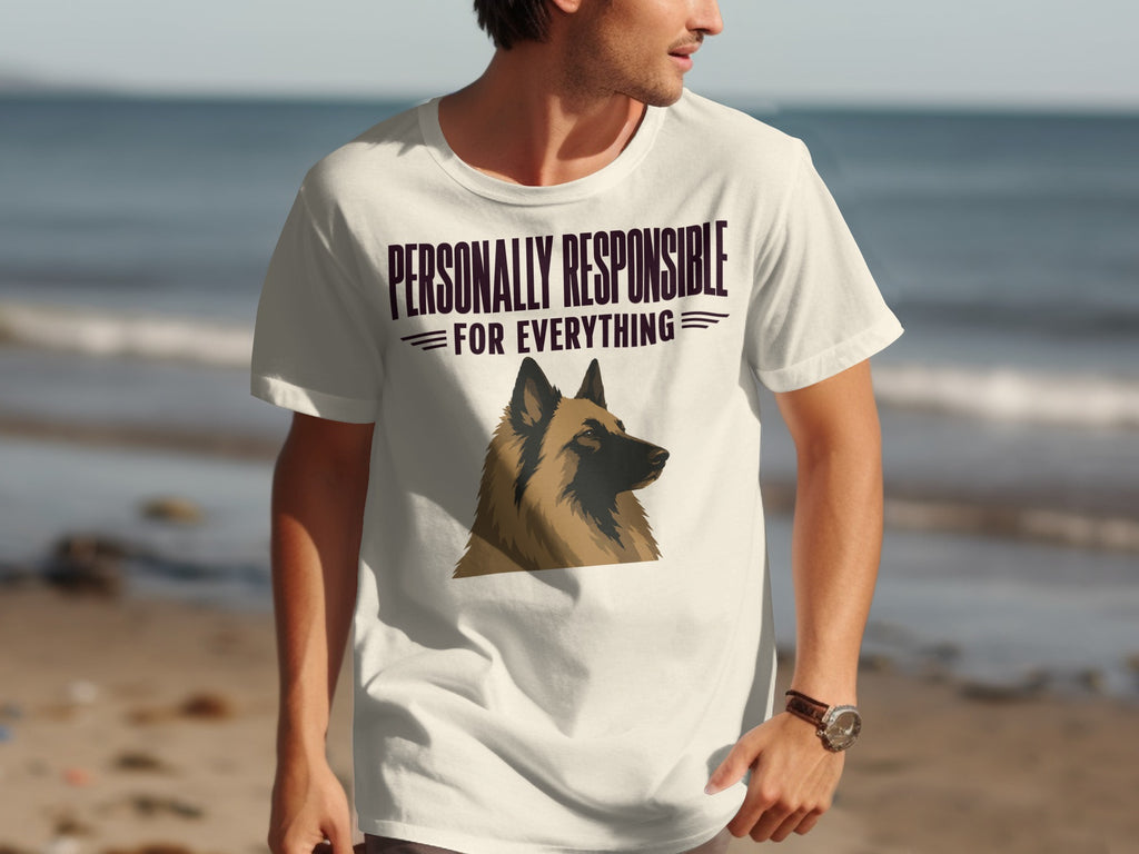 T-shirt with text "PERSONALLY RESPONSIBLE FOR EVERYTHING" and dog illustration.