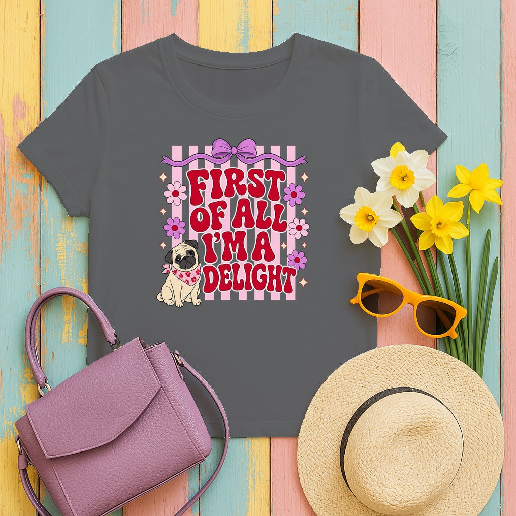 First Of All I'm A Delight Pug T-shirt in Graphite Heather