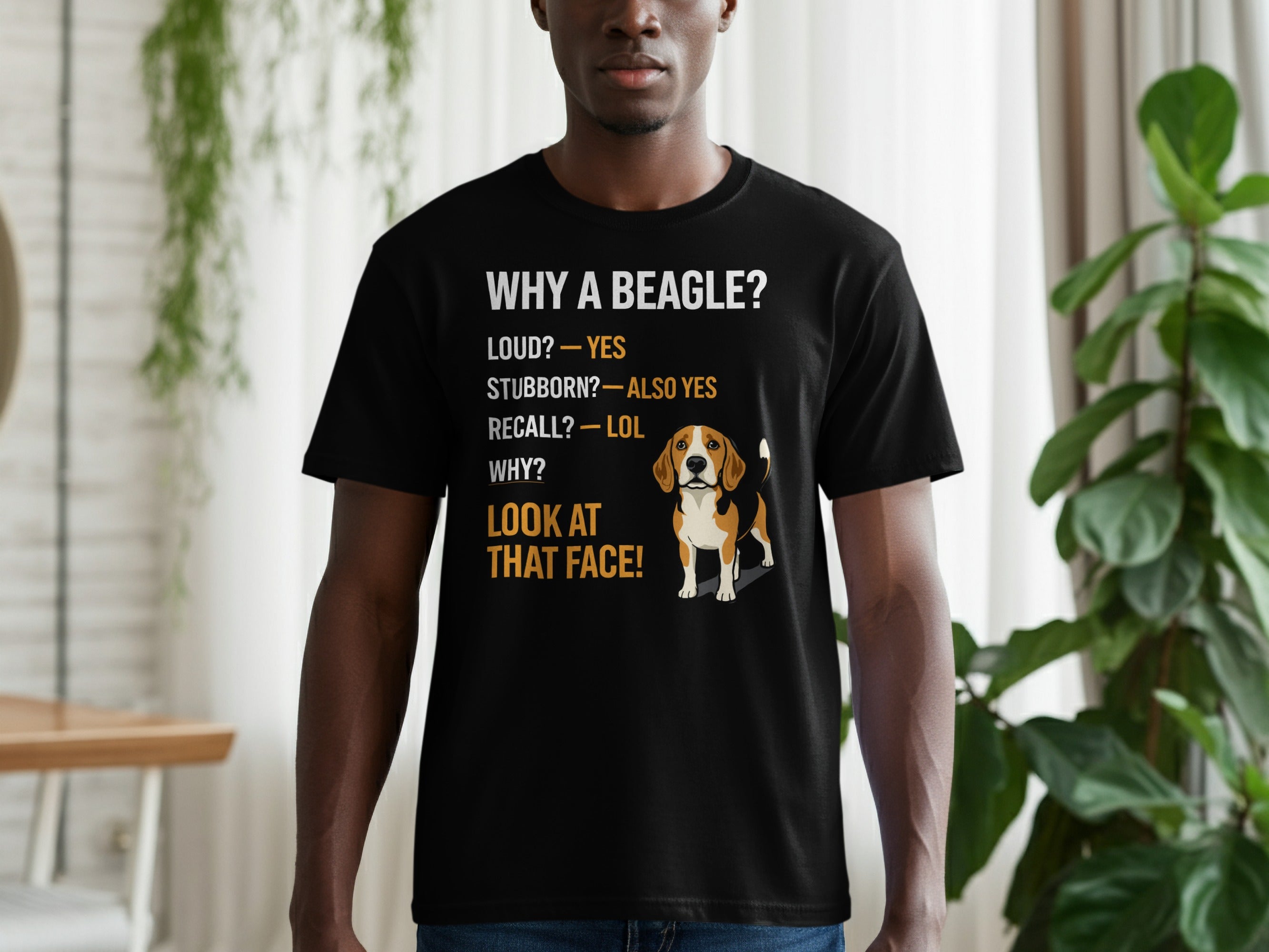 Black t-shirt with "WHY A BEAGLE?" text and a cartoon beagle.
