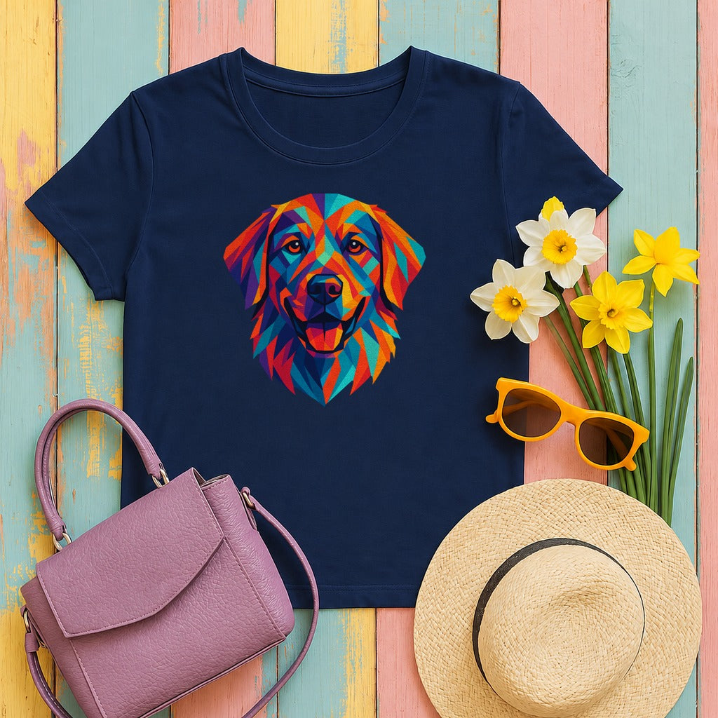 Geometric Golden Retriever Dog Colorful Art T-Shirt in Navy