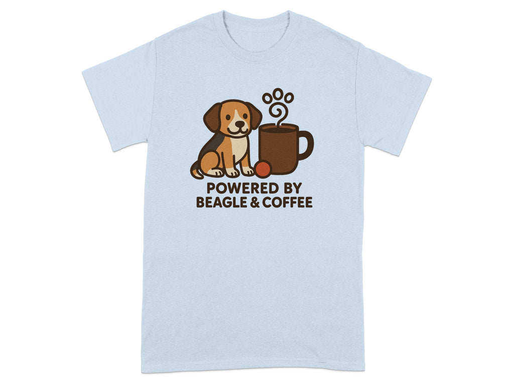 Light blue t-shirt with cartoon beagle and coffee cup reading "POWERED BY BEAGLE & COFFEE".