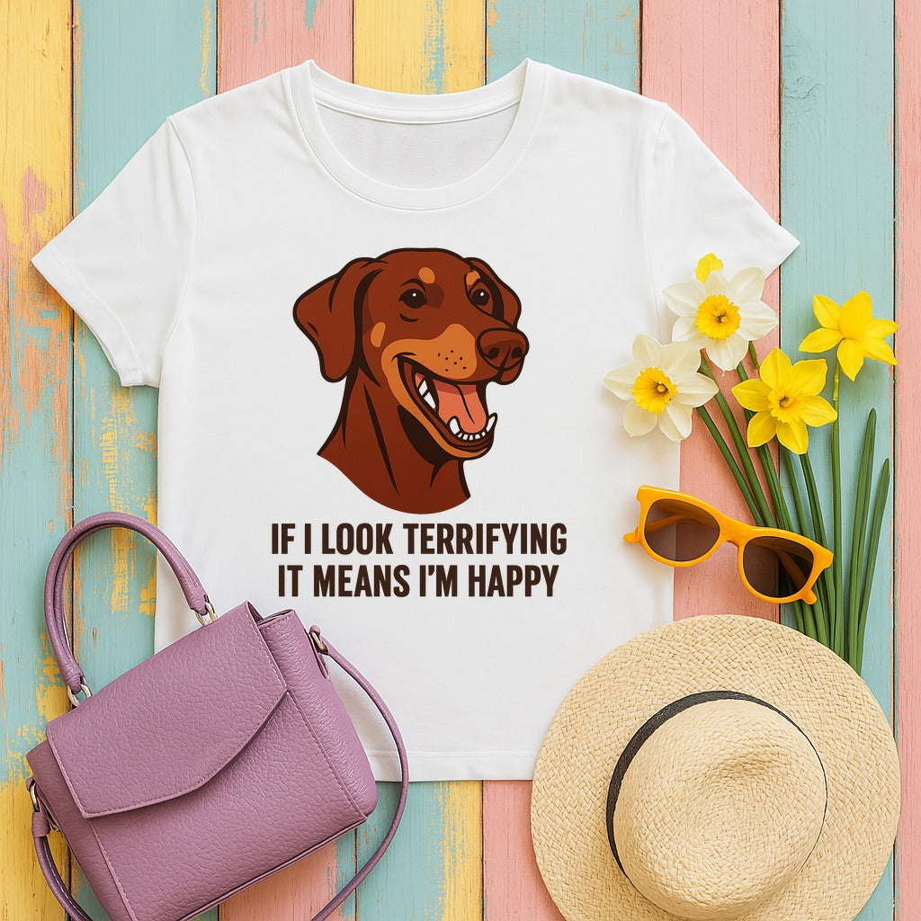 Doberman If I Look Terrifying It Means I'm Happy Tee in White