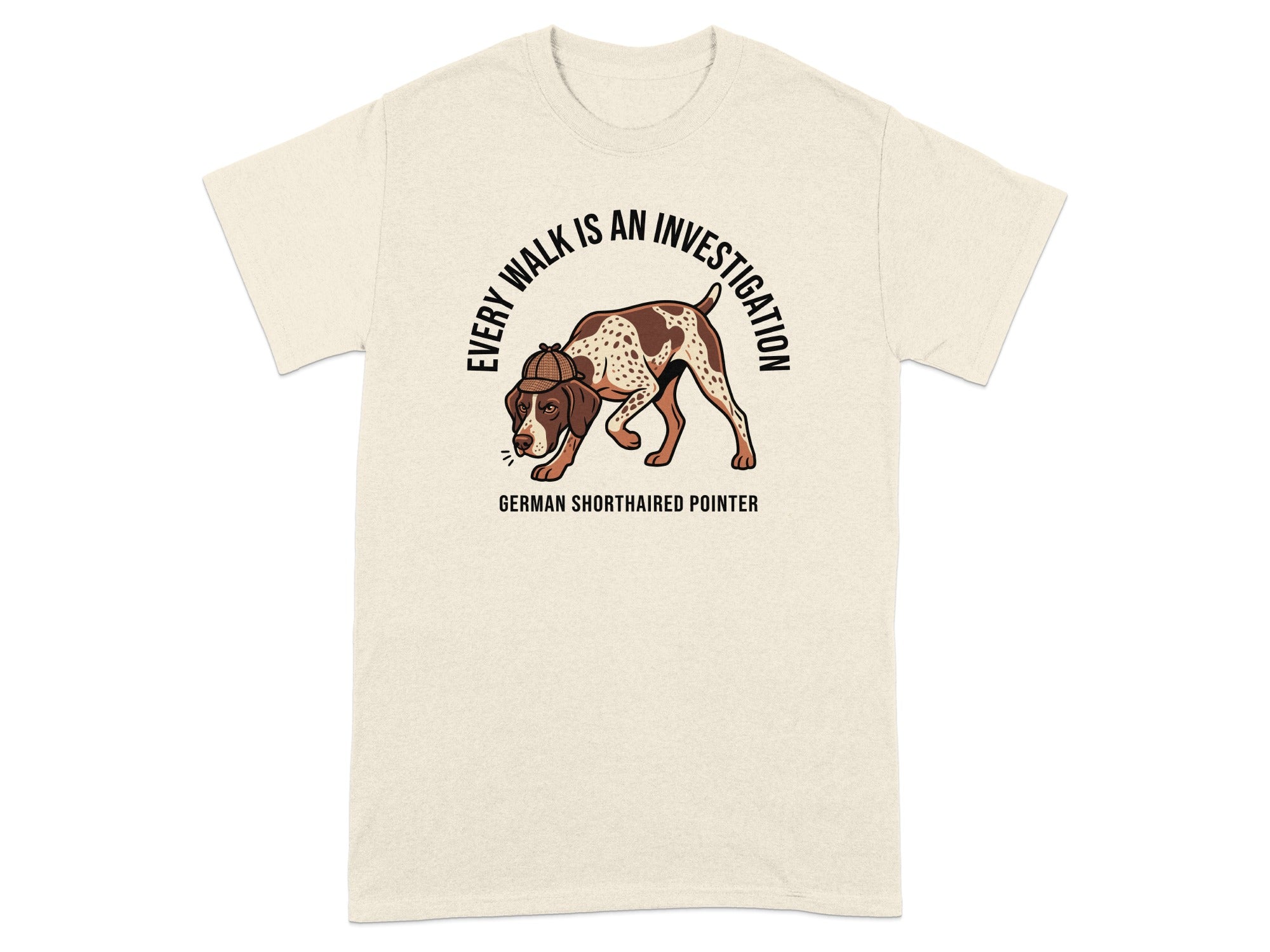 German Shorthaired Pointer in a detective hat on a t-shirt.