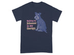 Navy t-shirt with pink text "Walking my Schnauzer is my therapy." and a dog illustration.