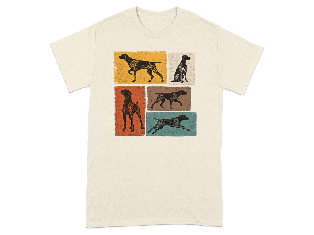 T-shirt with five vintage-style dog illustrations in colored rectangles.