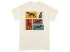T-shirt with five vintage-style dog illustrations in colored rectangles.