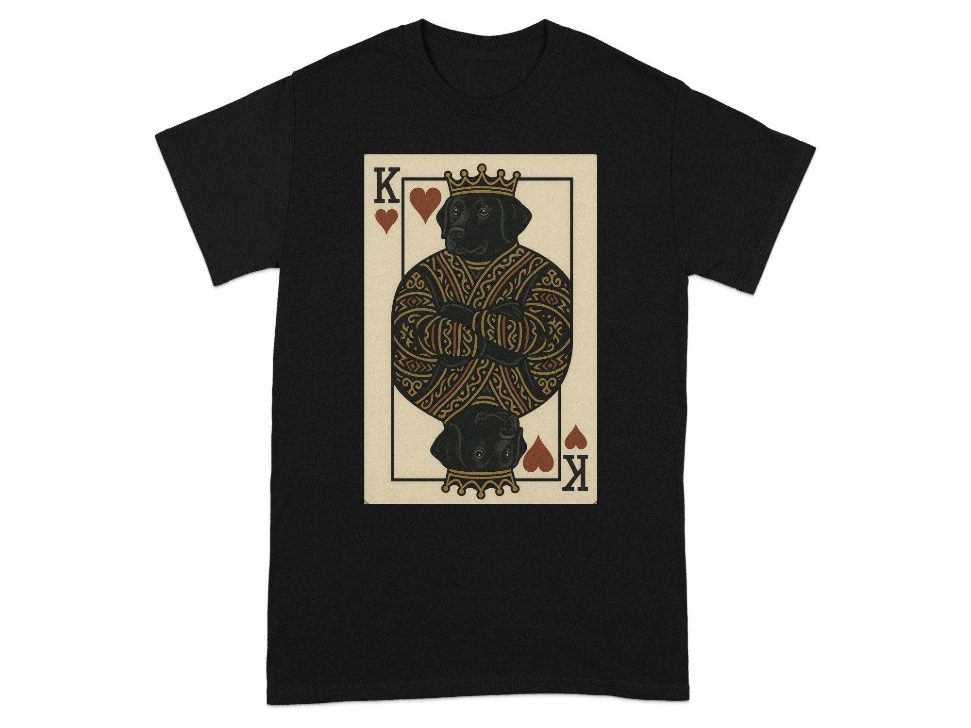 Black t-shirt with King of Hearts playing card design featuring a black dog.