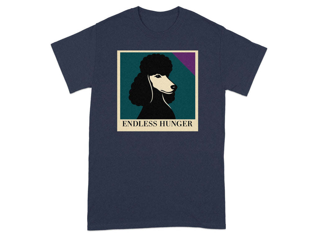 Navy t-shirt with a framed graphic of a black poodle and the text ENDLESS HUNGER.