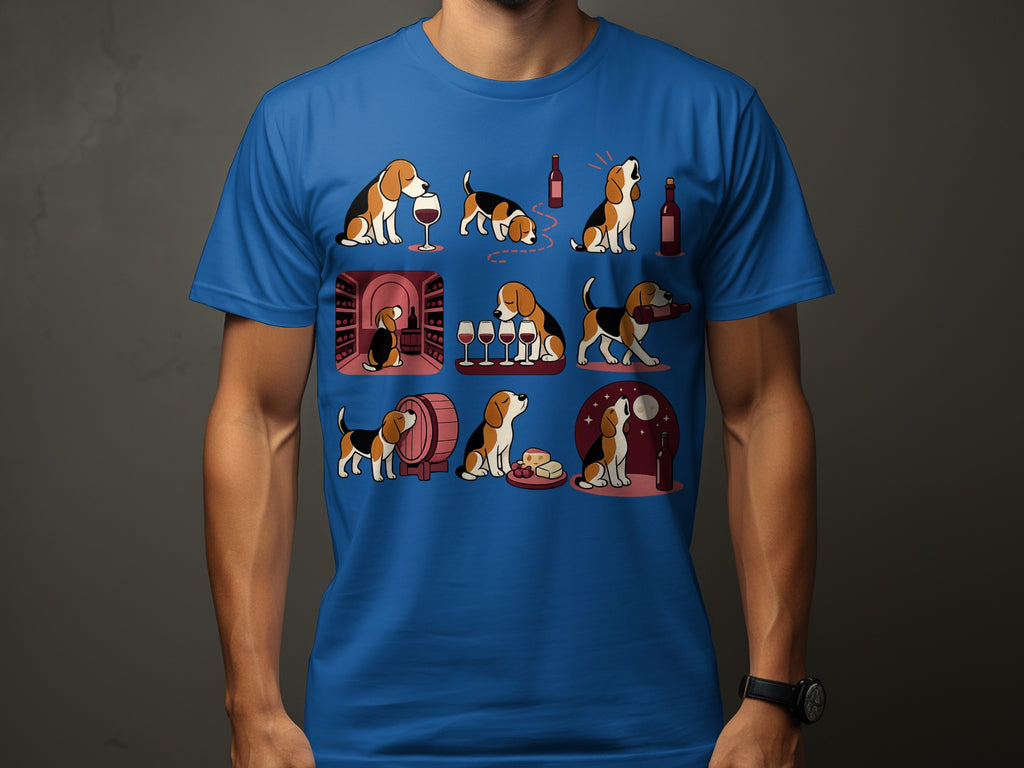 T-shirt with cartoon beagles interacting with wine bottles, glasses, and a barrel.
