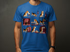 T-shirt with cartoon beagles interacting with wine bottles, glasses, and a barrel.