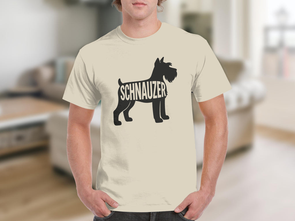 Cream t-shirt showing a black silhouette of a Schnauzer dog with the word "Schnauzer" inside.
