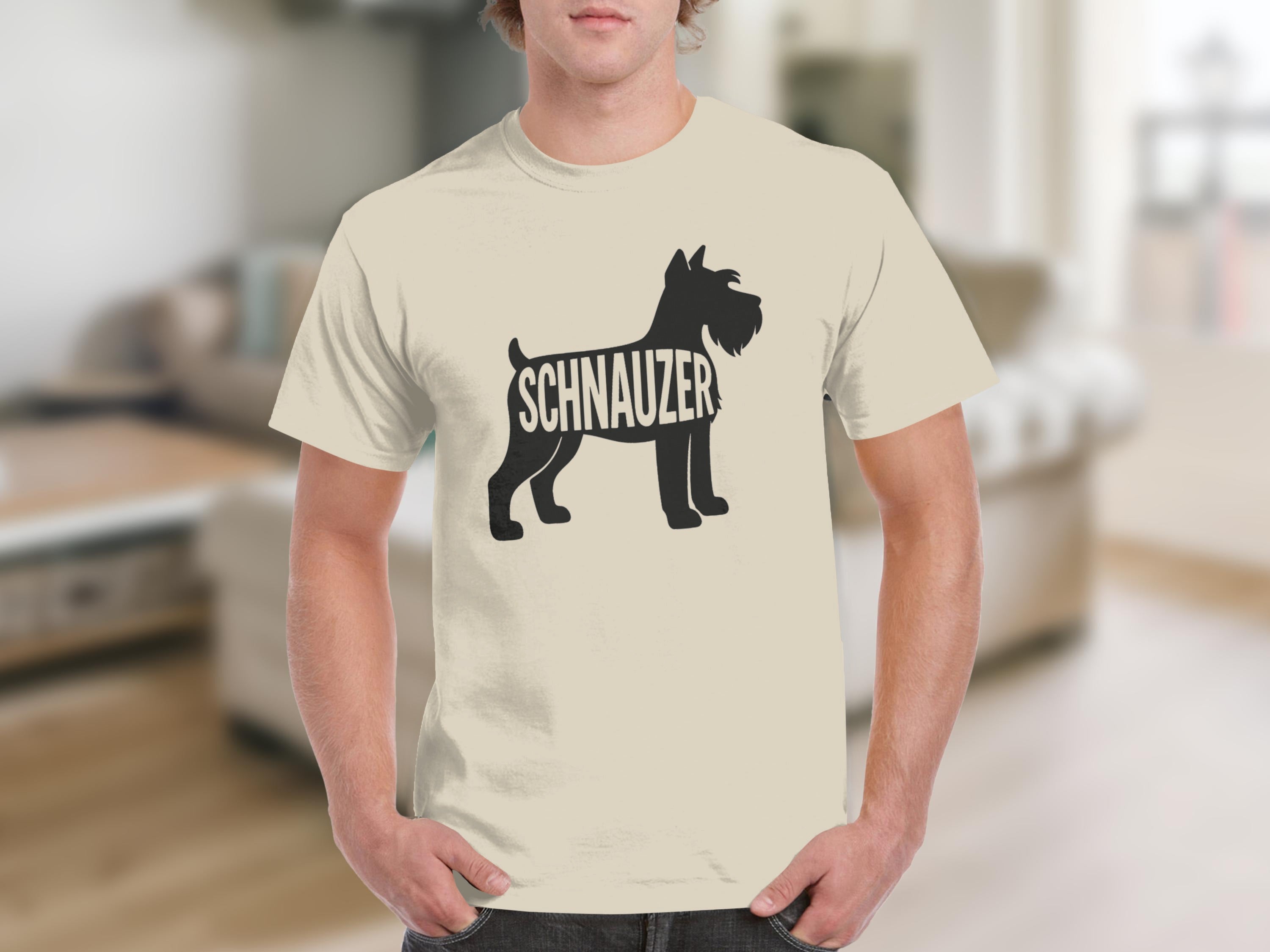Cream t-shirt showing a black silhouette of a Schnauzer dog with the word "Schnauzer" inside.