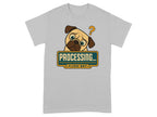 Pug with question mark above, and "PROCESSING... PLEASE WAIT" text on t-shirt.