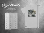 Gildan 5000 Heavy Cotton T-Shirt size chart with width and length measurements.