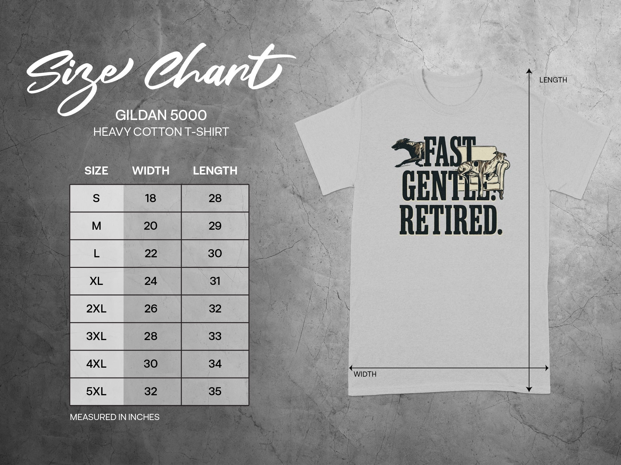 Gildan 5000 Heavy Cotton T-Shirt size chart with width and length measurements.