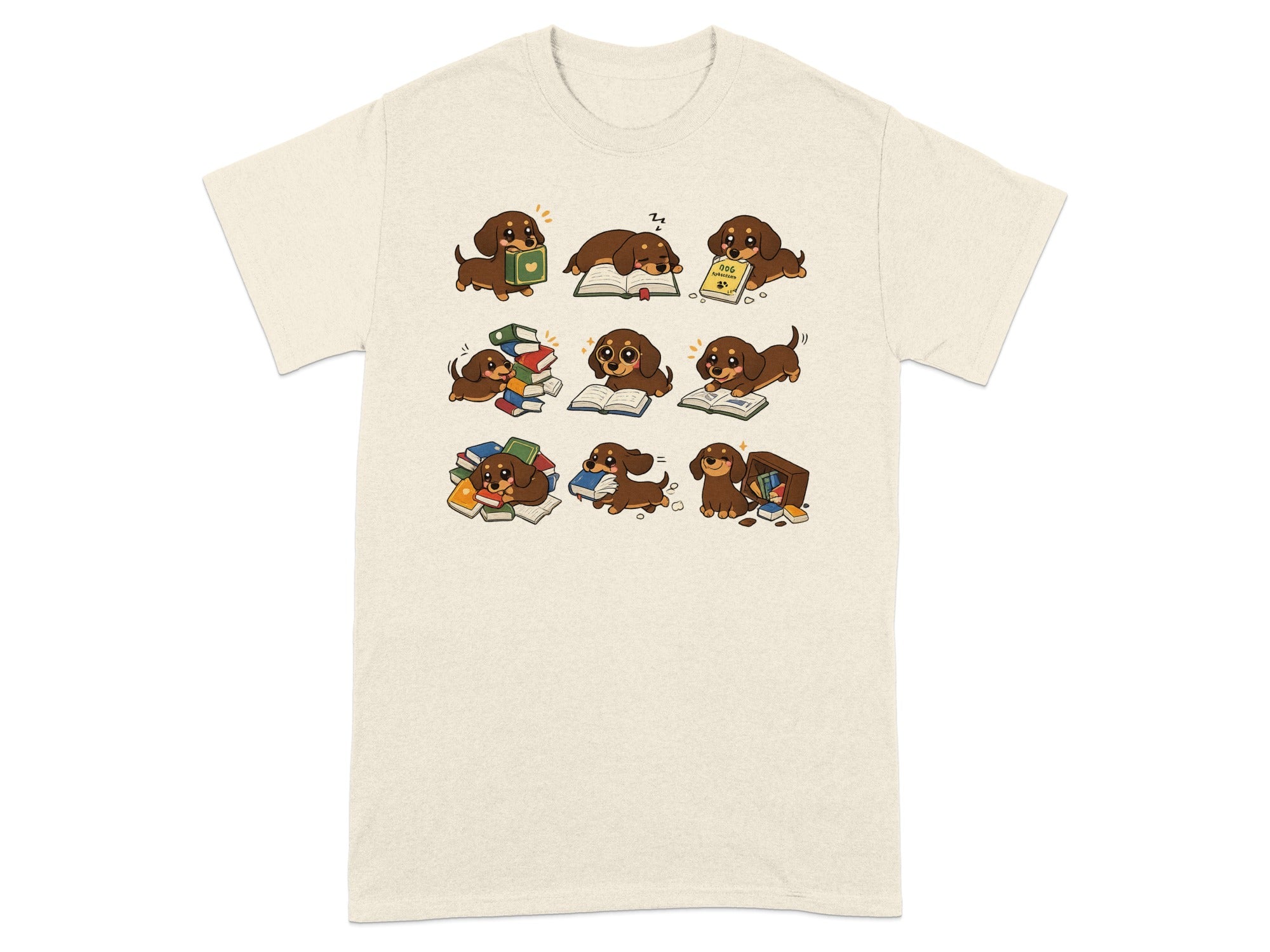 Nine adorable dachshunds interacting with books, some reading, some sleeping.