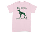 Pink t-shirt with dog silhouette and text "CALM OUTSIDE. INTENSELY ATTACHED INSIDE."