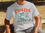 T-shirt graphic with a dog relaxing on a chair, text reads "Chill Out".