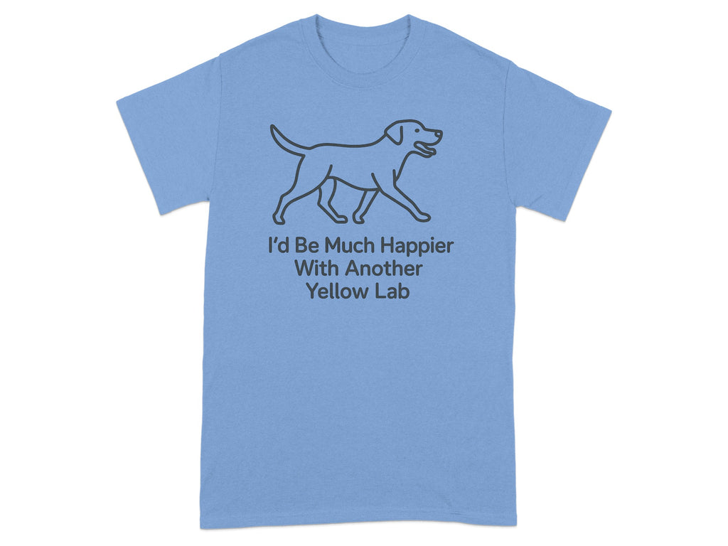 Light blue t-shirt with a line drawing of a yellow lab and text.