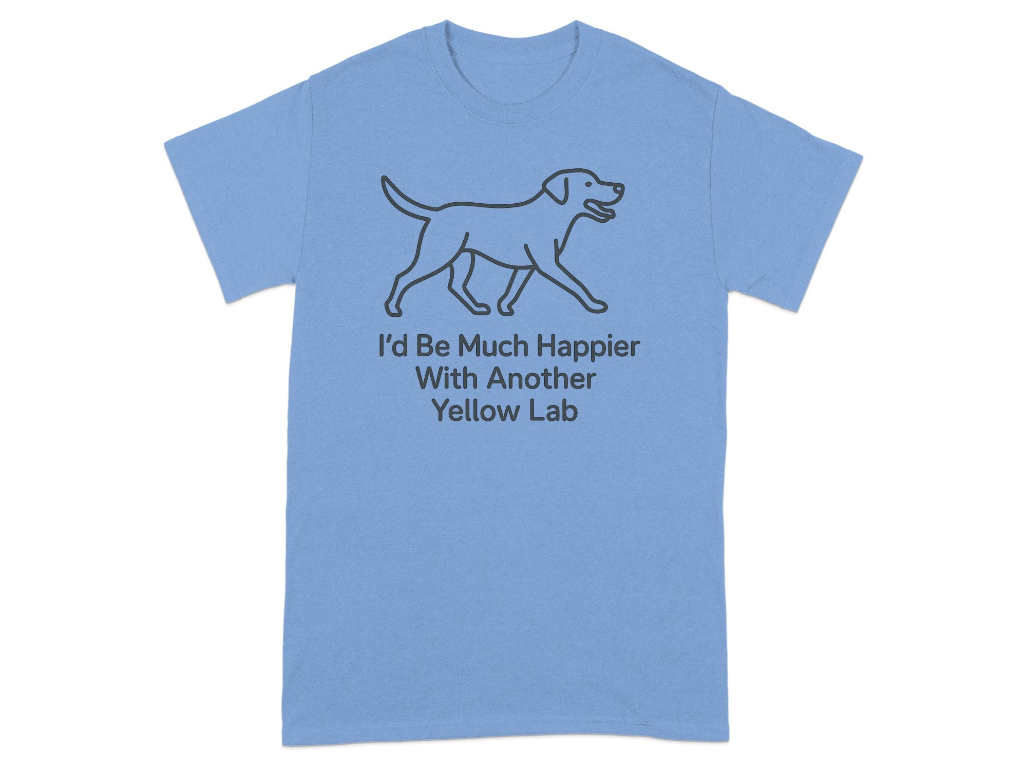Light blue t-shirt with a line drawing of a yellow lab and text.