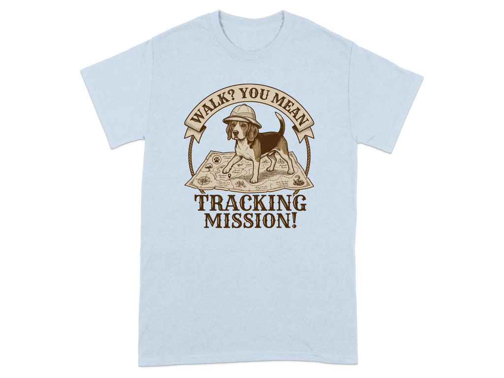 Beagle wearing a hat on a treasure map, with text "WALK? YOU MEAN TRACKING MISSION!"