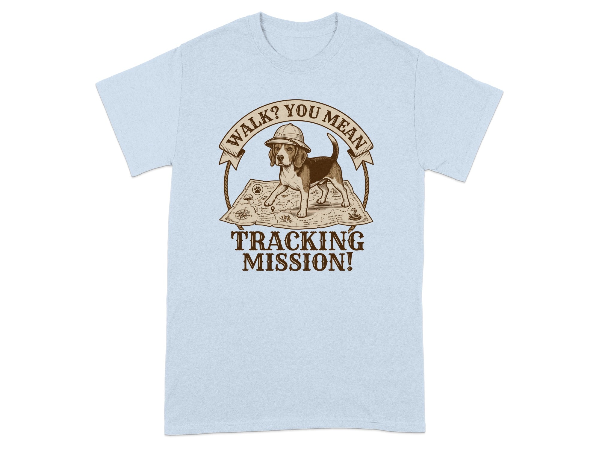 Beagle wearing a hat on a treasure map, with text "WALK? YOU MEAN TRACKING MISSION!"