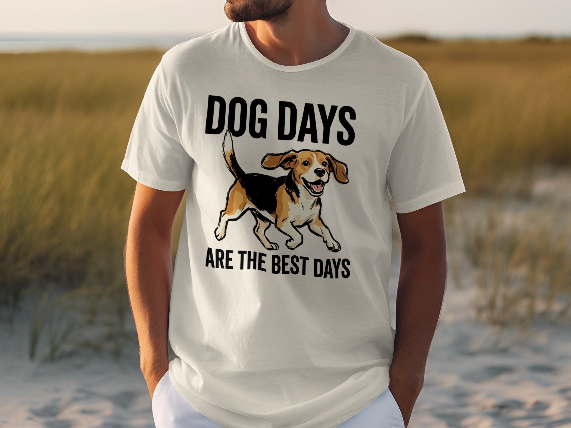 White t-shirt with "DOG DAYS ARE THE BEST DAYS" and a running beagle.