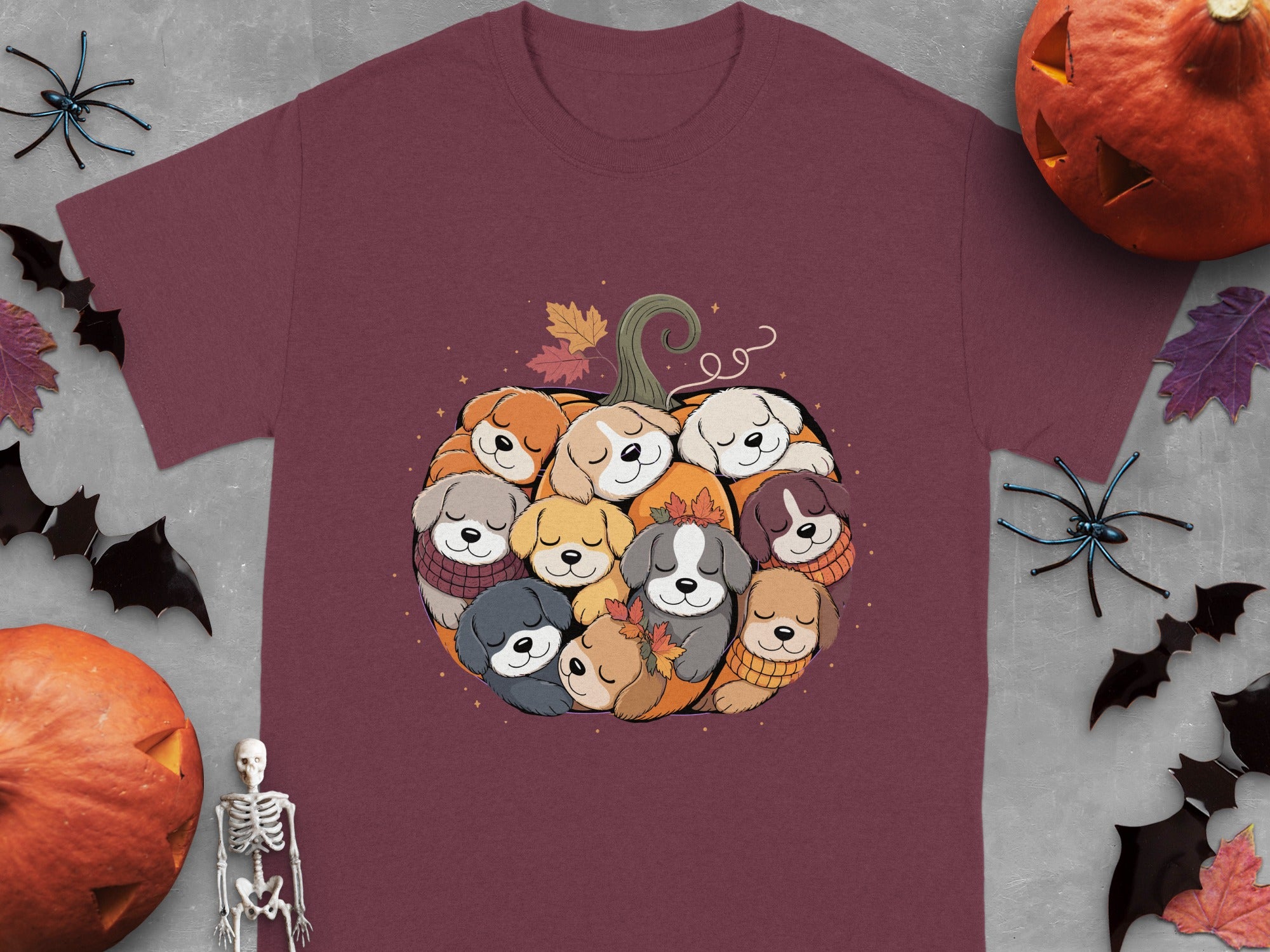 Cute Dogs in a Pumpkin Halloween Themed T-Shirt